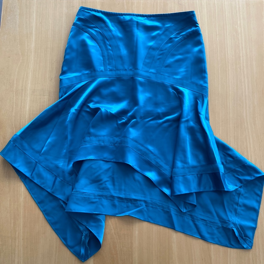 Bebe bias-cut teal satin skirt.